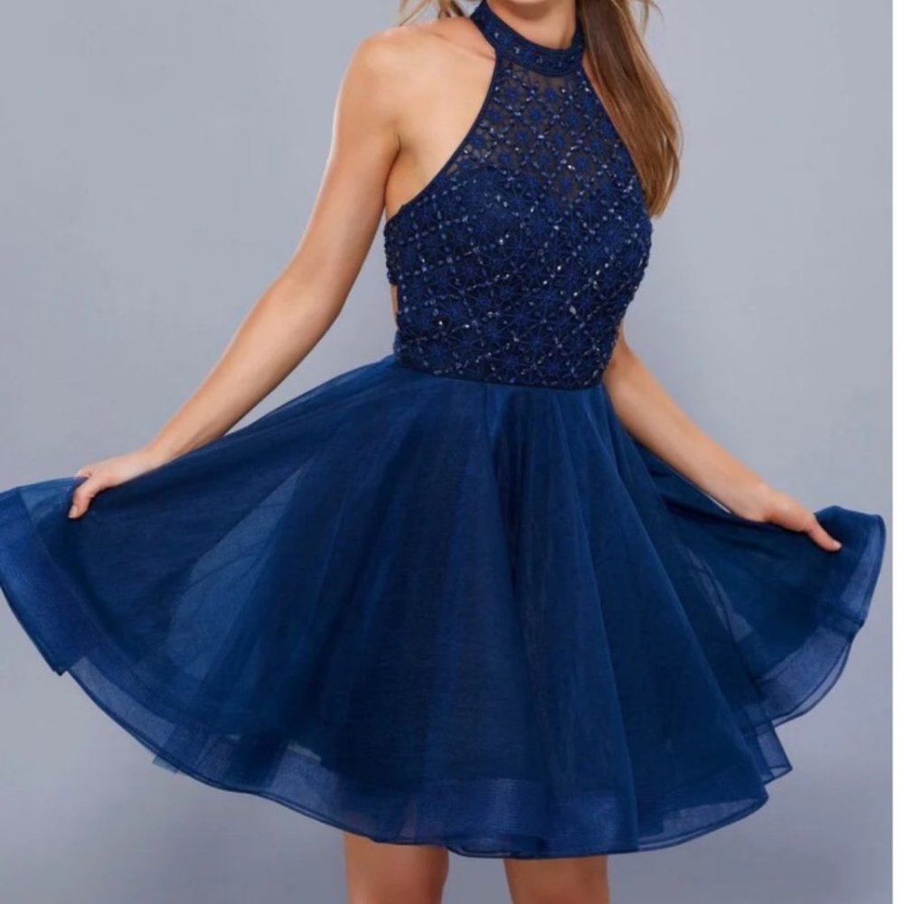 PROM / HOCO / Formal Dress • Navy • Halter / Beaded • Mini Fit & Flare • Medium